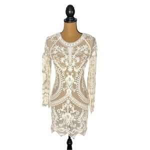 Honey Punch Boho Lace Long Sleeve Sheer Festival Dress Women’s Medium Ivory